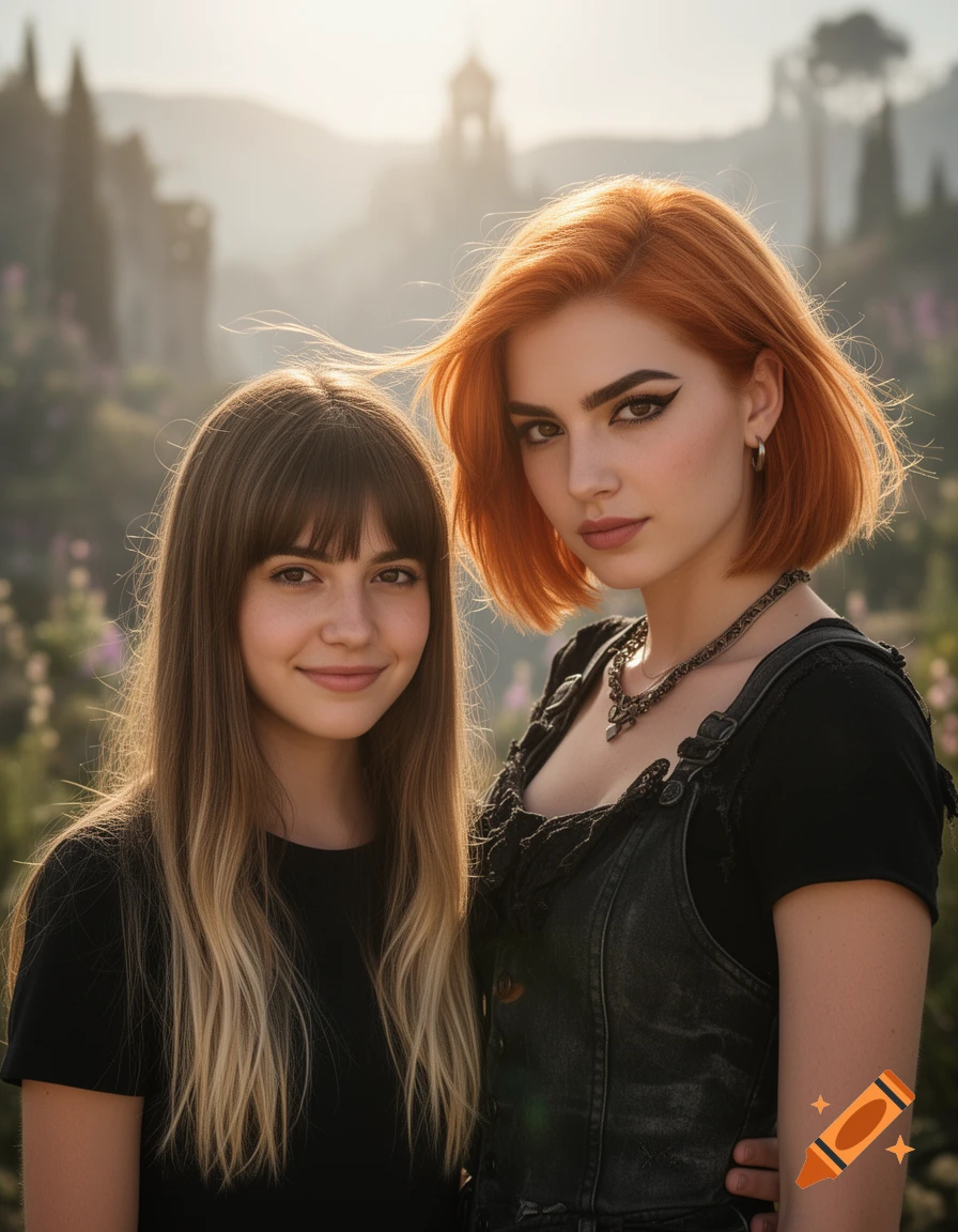 Two young women, one with long brown hair, one with short red hair, pose together outdoors in a sunny, hazy landscape with distant buildings. Cinematic style.