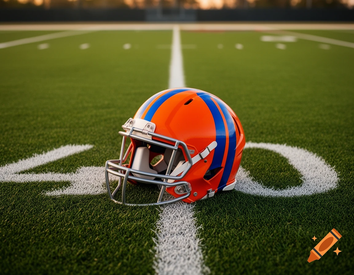 An orange and blue football helmet rests on the 40-yard line of a green football field, with blurred white lines stretching into the distance.
