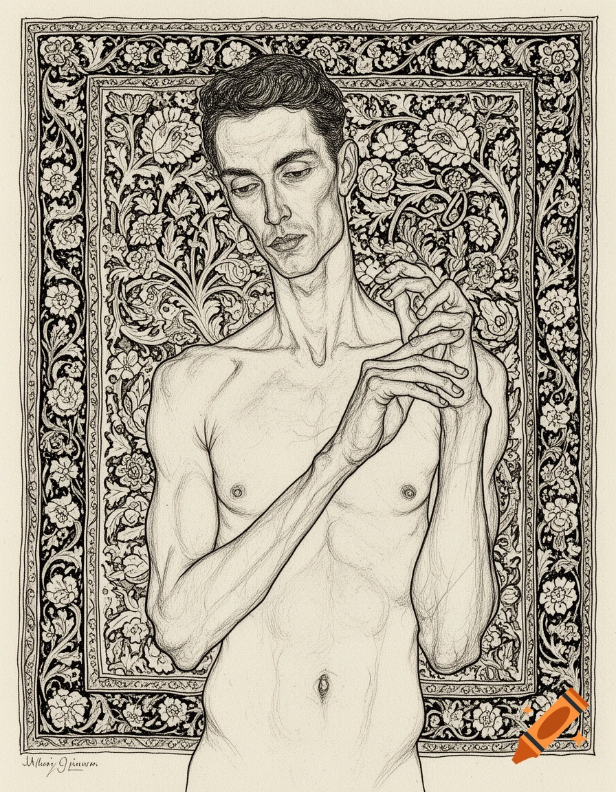 A detailed fine-liner drawing of a gaunt man with dark hair, posing with intertwined hands, against a dense floral William Morris-style background.