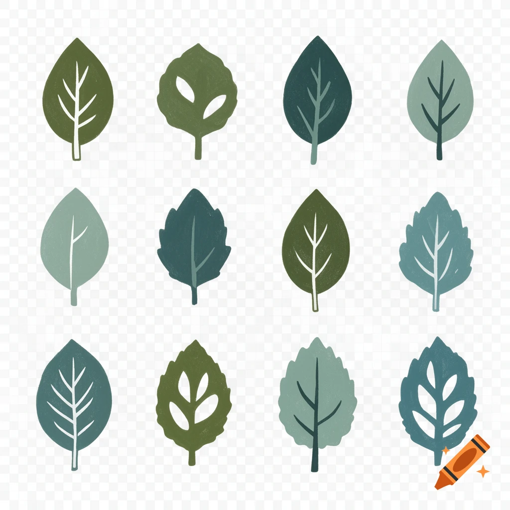 A grid of twelve stylized leaves in various shades of green and blue-green, with simple vein patterns, on a transparent background.