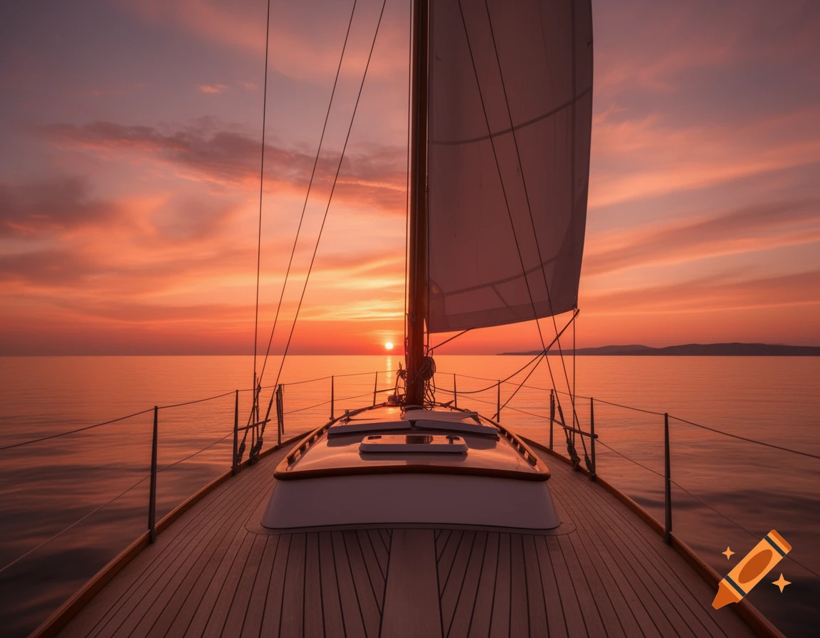 Photorealistic image of a sailboat's bow on calm waters during a vibrant orange and purple sunset.