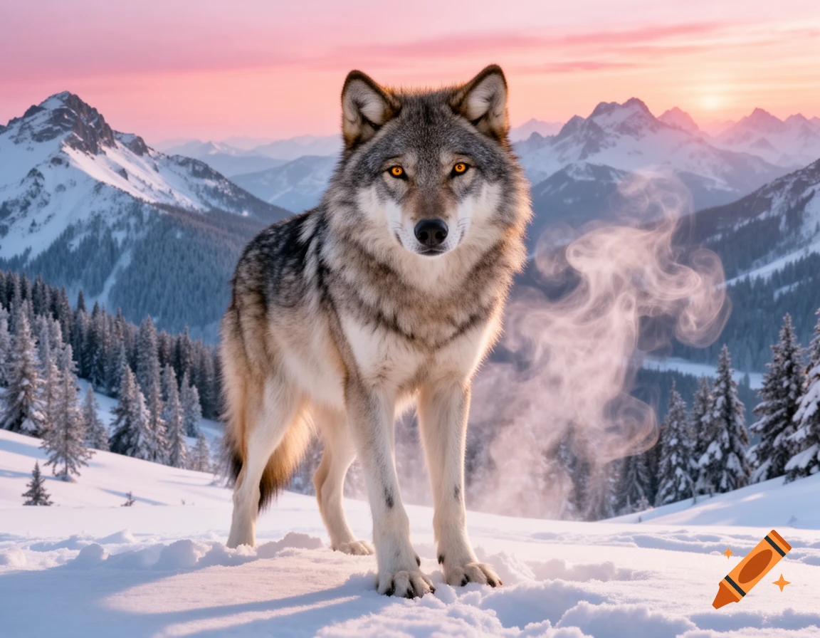 A majestic grey wolf with glowing amber eyes stands in a snowy mountain ...
