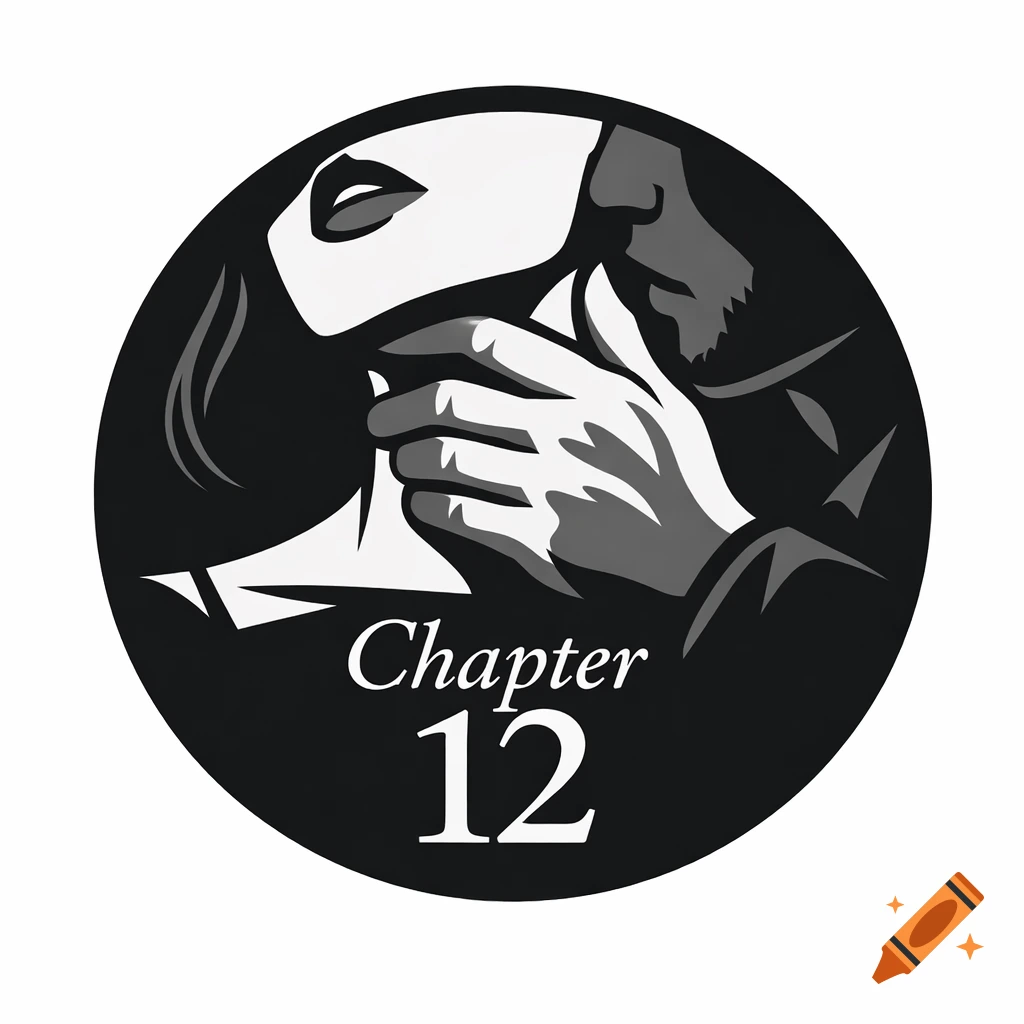 A monochrome stylized illustration within a black circle showing a hand gripping a person's neck. Below it, the text reads 'Chapter 12'.