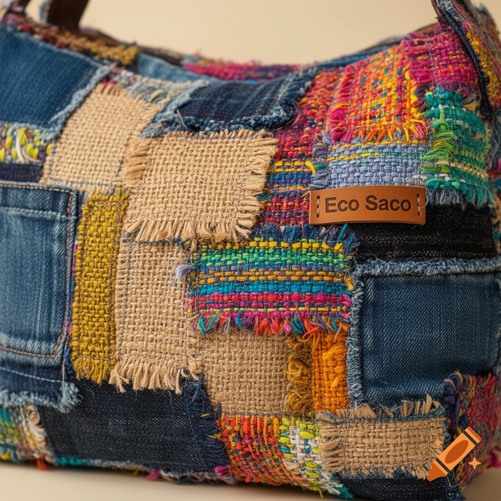 Close-up of a colorful patchwork bag made from recycled denim, burlap, and woven fabrics, featuring a brown "Eco Saco" label.