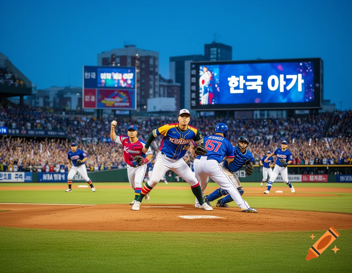 A nighttime photorealistic image of a baseball game in progress on a field with players in blue and red uniforms, a large crowd, and a scoreboard displaying Korean text.