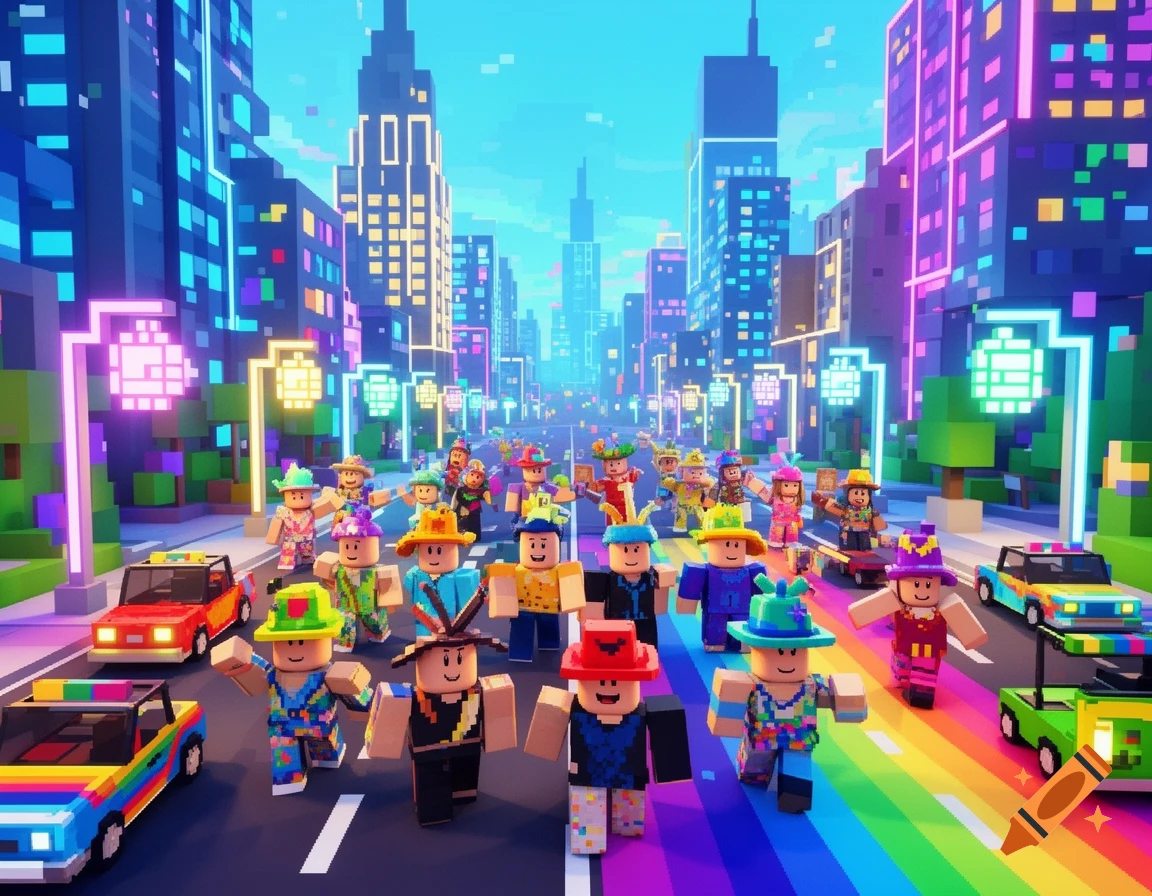 Roblox-style block characters in colorful hats parade down a city street with a rainbow path, surrounded by neon-lit voxel buildings.
