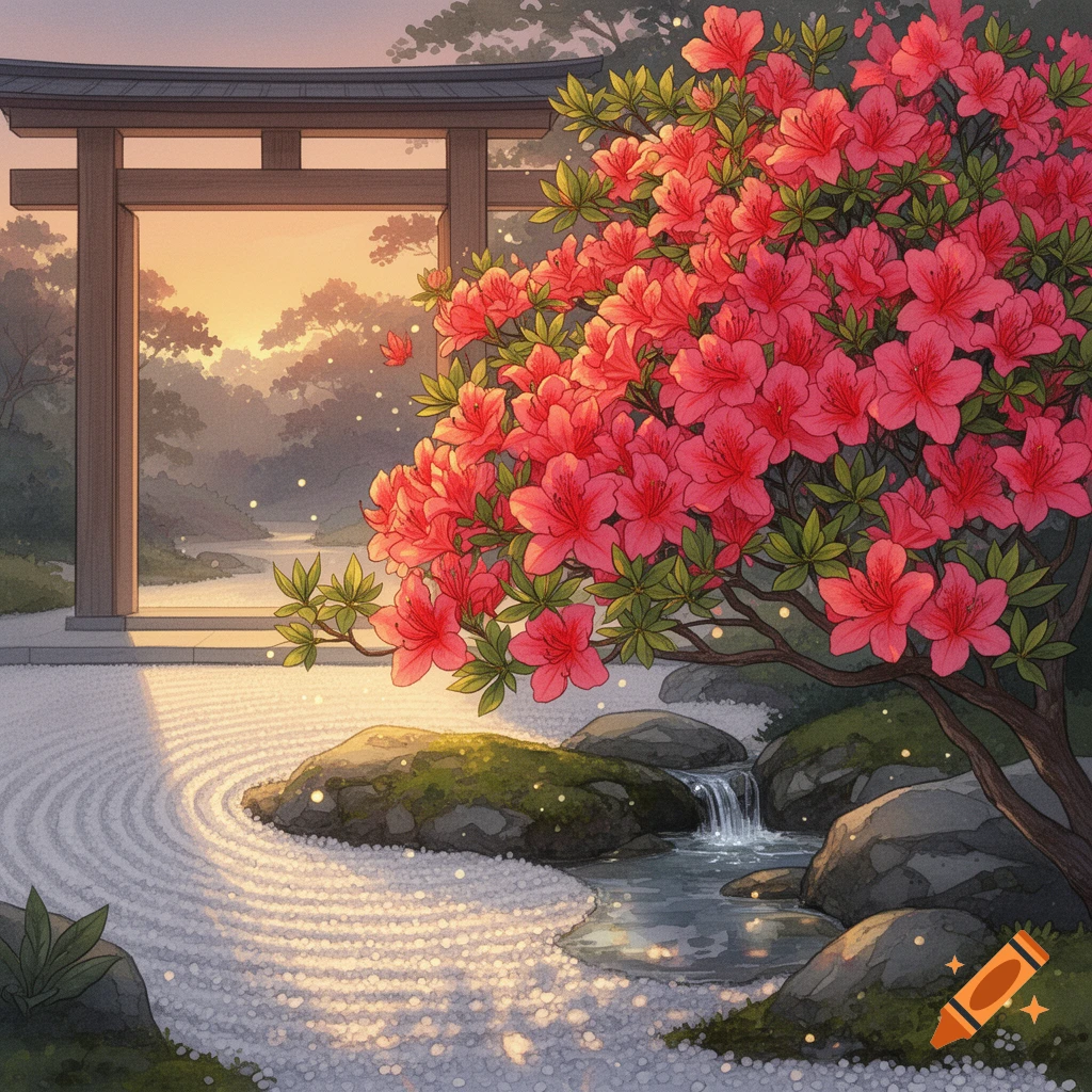 Colorful illustration of a Japanese garden with a vibrant pink azalea bush, a torii gate, raked gravel, and a small waterfall at sunset.