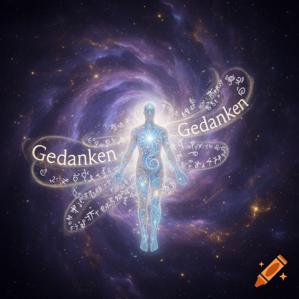 A glowing, stylized human figure with intricate patterns stands in a cosmic nebula, surrounded by swirling golden text and symbols.