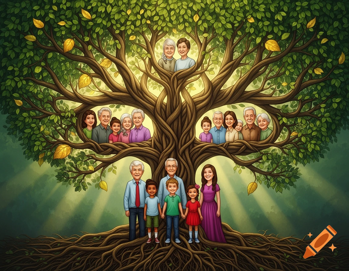 A detailed illustration of a family tree with many generations of people depicted within its branches and roots, against a green background with sunlight rays.