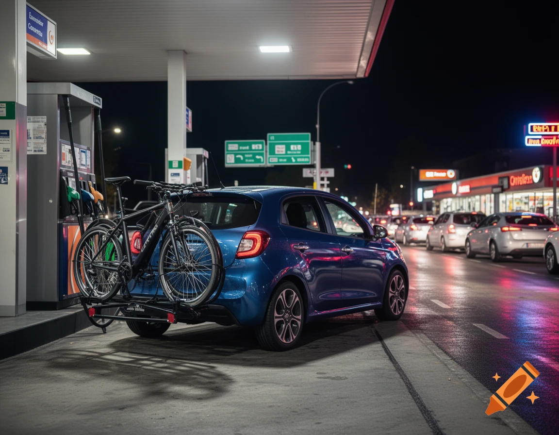 A blue car with a bike rack and two bicycles is parked at a gas pump at a station at night, with traffic in the background.