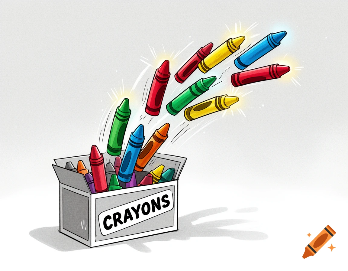 Cartoon illustration of colorful crayons flying out of a box labeled 'CRAYONS'.