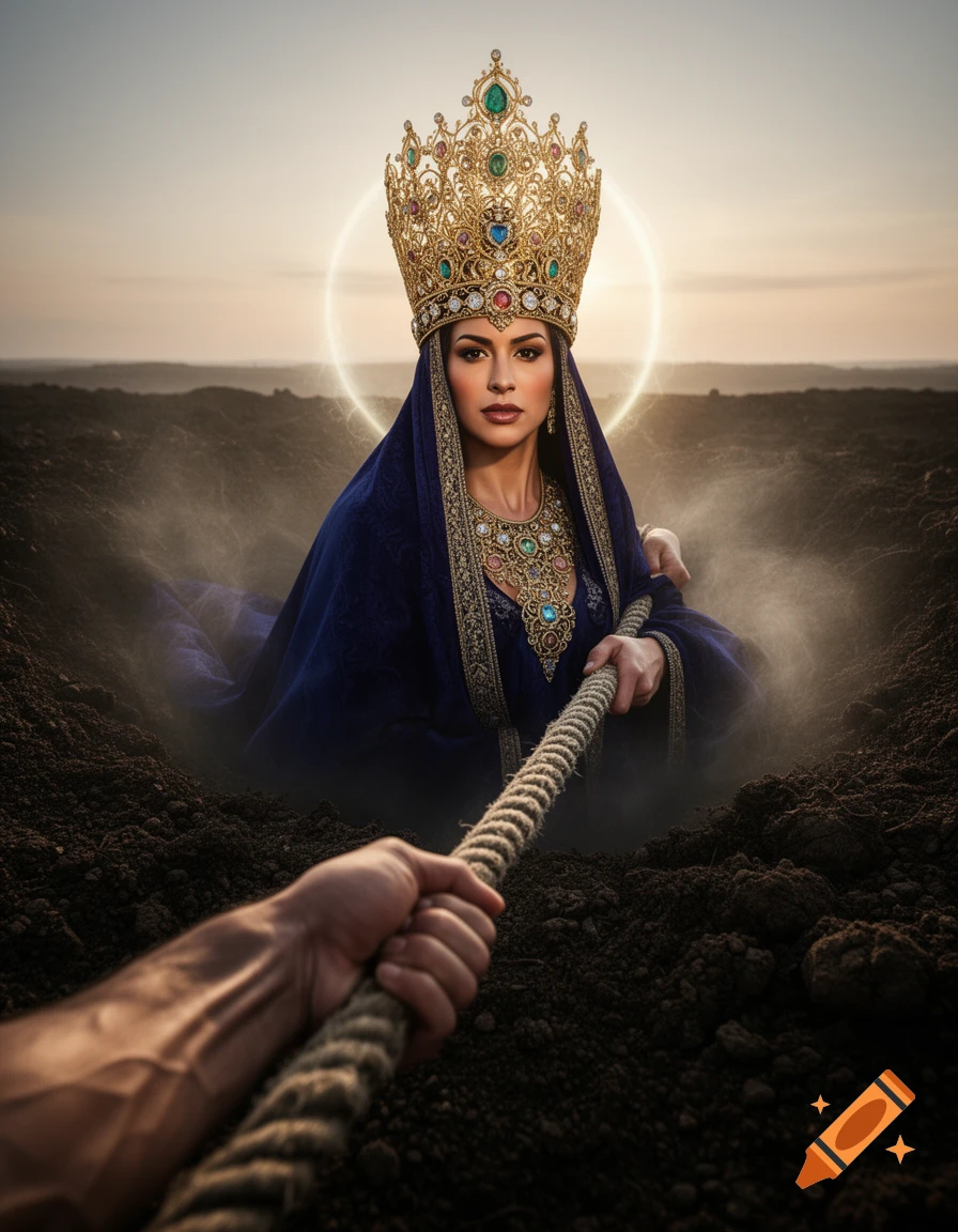 Regal woman in golden crown and blue robe emerges from dark earth, holding a rope pulled by a muscular hand against a sunset sky.