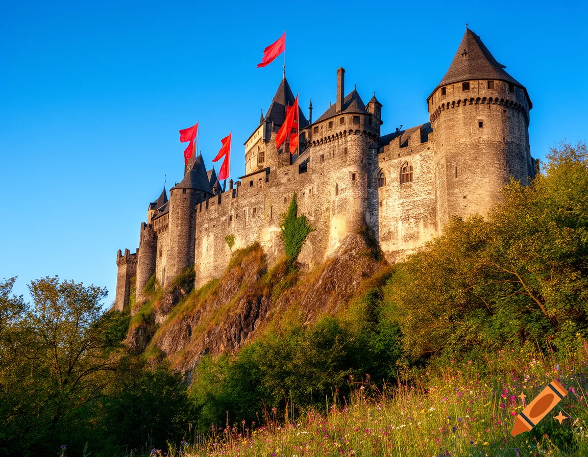 Photorealistic image of a medieval castle with red flags on spires, perched on a rocky hill with trees and wildflowers under a clear blue sky.