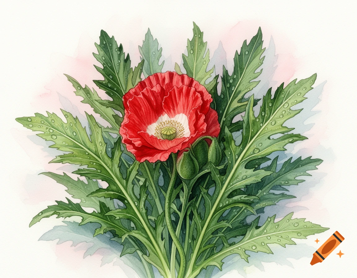 A vibrant red opium poppy with a white center and yellow stamens, surrounded by textured green wild lettuce leaves with dew drops, all in a watercolor style.