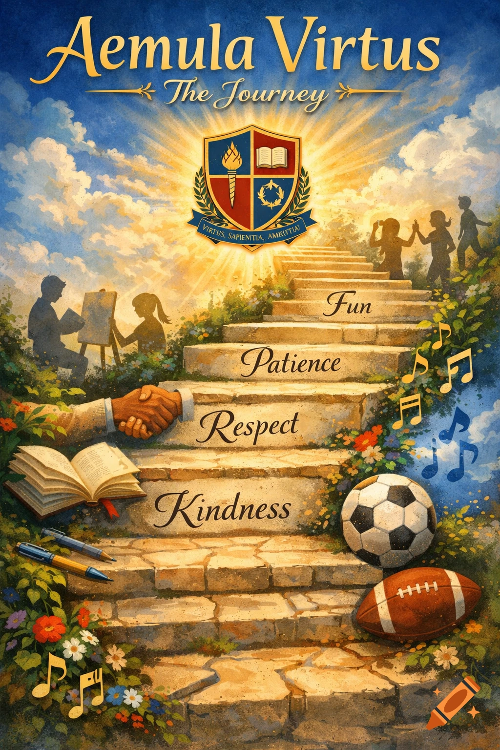 A painterly illustration of a stone staircase leading to a glowing school crest in the sky. Each step is labeled with a value: Kindness, Respect, Patience, Fun. Symbols of school life like books, pens, a handshake, musical notes, and sports balls are integrated throughout.
