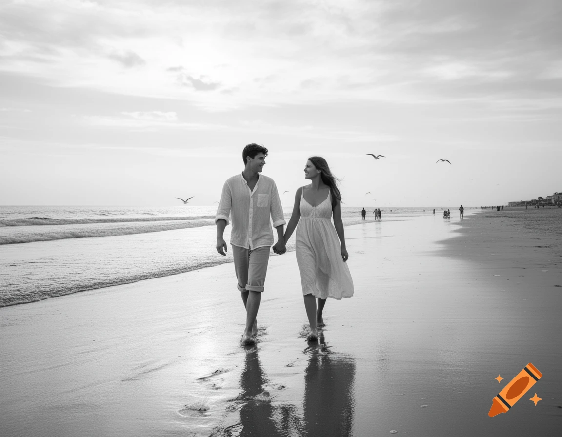 Black and white image of a young couple holding hands, walking barefoot along a sandy beach at sunset with waves and distant figures.
