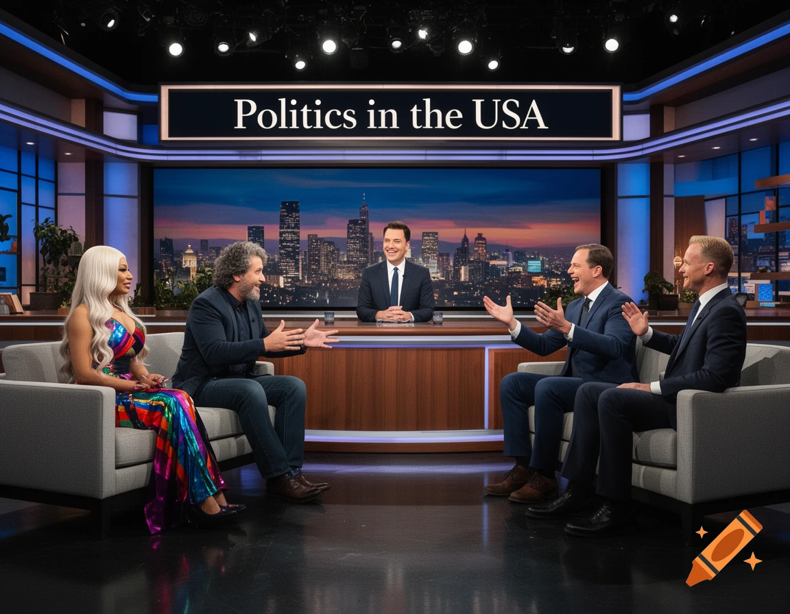 A diverse panel of guests including Jimmy Fallon, Nicki Minaj, Mark Ruffalo, and J.D. Vance on a talk show set discussing "Politics in the USA".