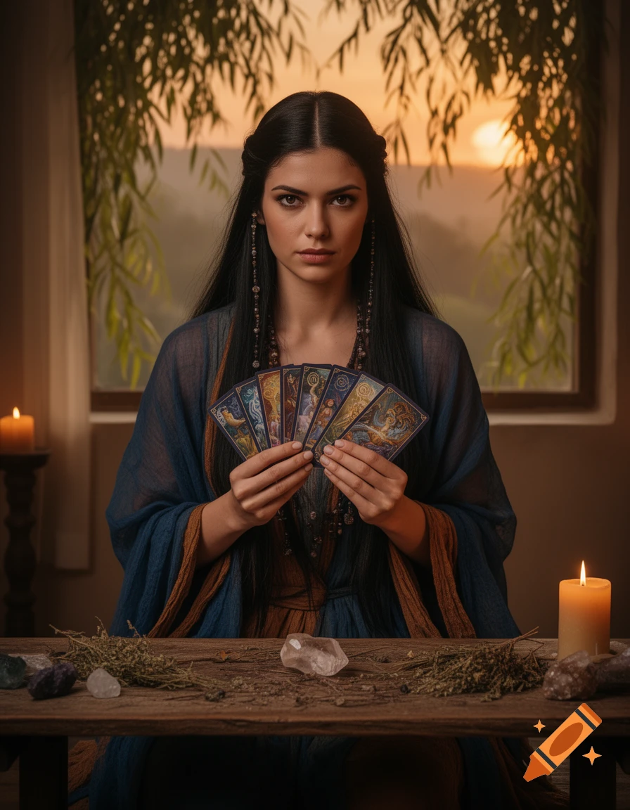 A beautiful, spiritual woman with long dark hair holds oracle cards at a wooden table with crystals and candles, sunset through a window in the background.