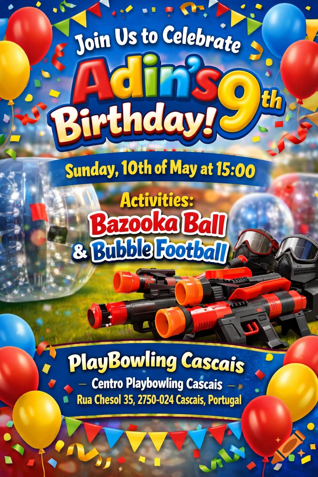 A colorful birthday invitation for Adin's 9th birthday, featuring balloons, confetti, and activities like Bazooka Ball and Bubble Football.
