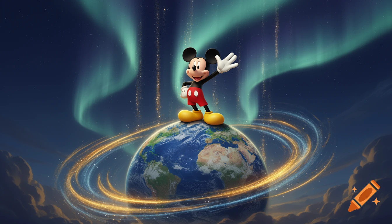 Mickey Mouse waves atop planet Earth, surrounded by golden rings and a green aurora borealis against a starry night sky.