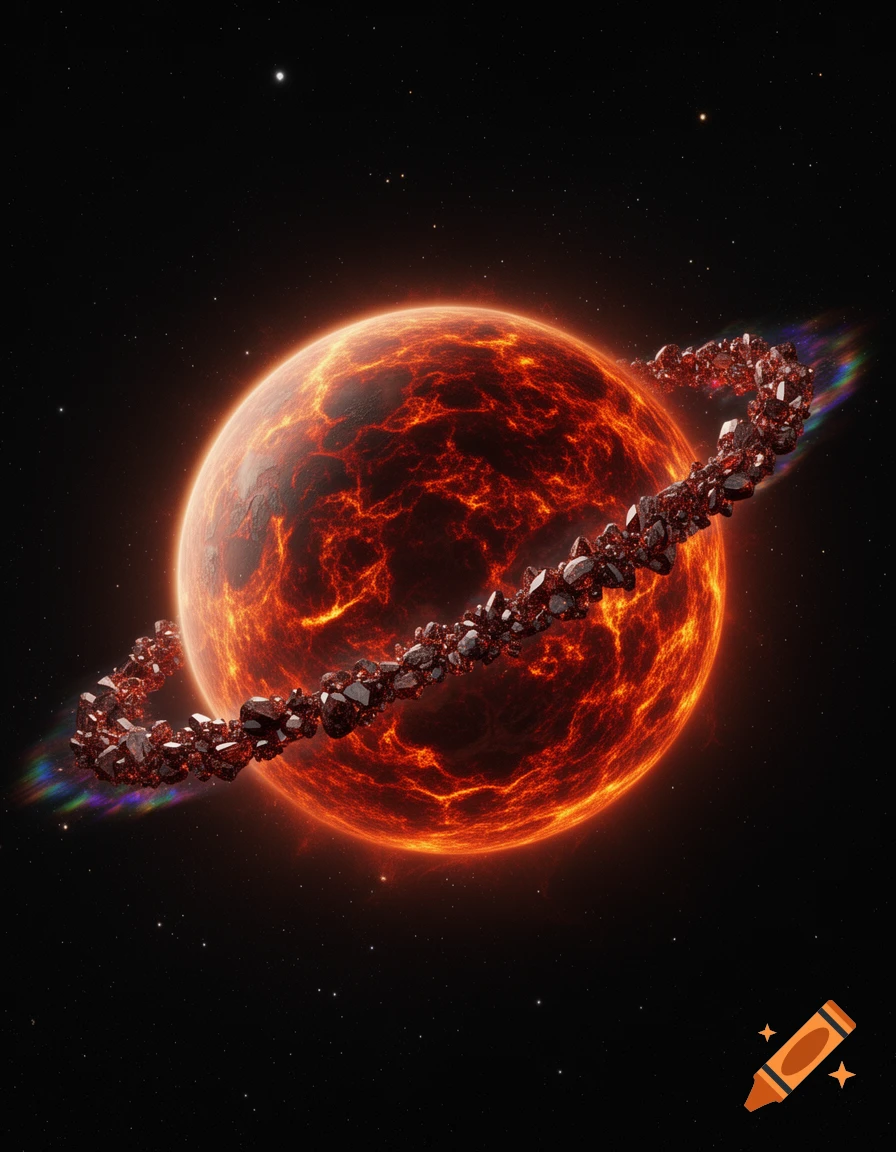 A vibrant molten planet with a glowing orange surface, encircled by a jagged ring of dark crystals, set against a star-filled deep space.