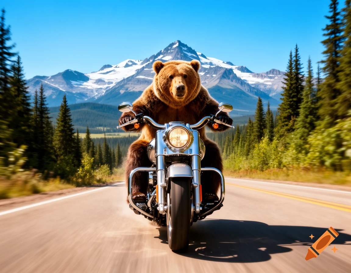 A grizzly bear rides a chrome motorcycle down a mountain highway under a clear blue sky, with snow-capped mountains in the background.
