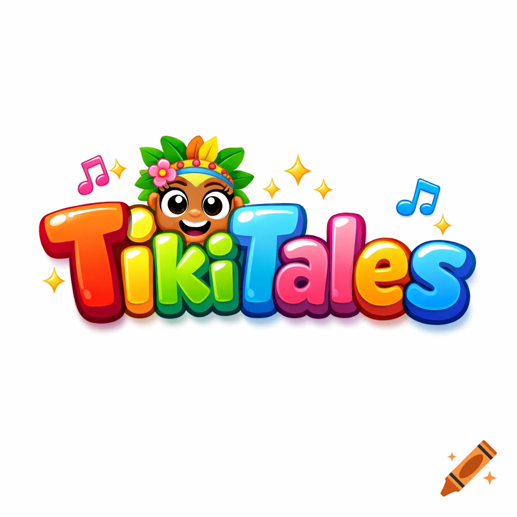 Colorful 3D logo for 'TikiTales' with a cute tiki mascot peeking from the letter 'T', musical notes, and sparkles.