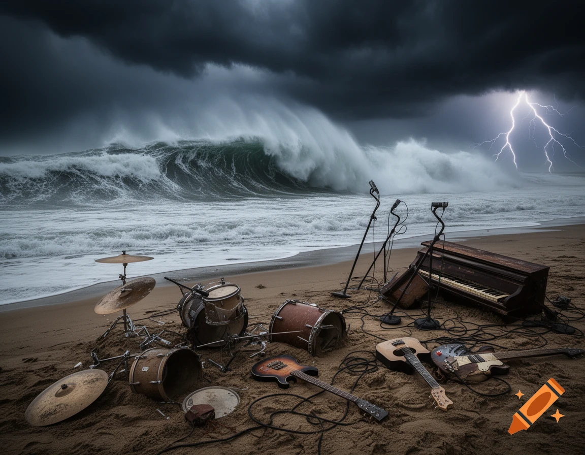 A dramatic scene on a sandy beach featuring a smashed drum set, guitars, a piano, and microphone stands under a dark, stormy sky with a massive wave crashing and lightning striking in the distance.