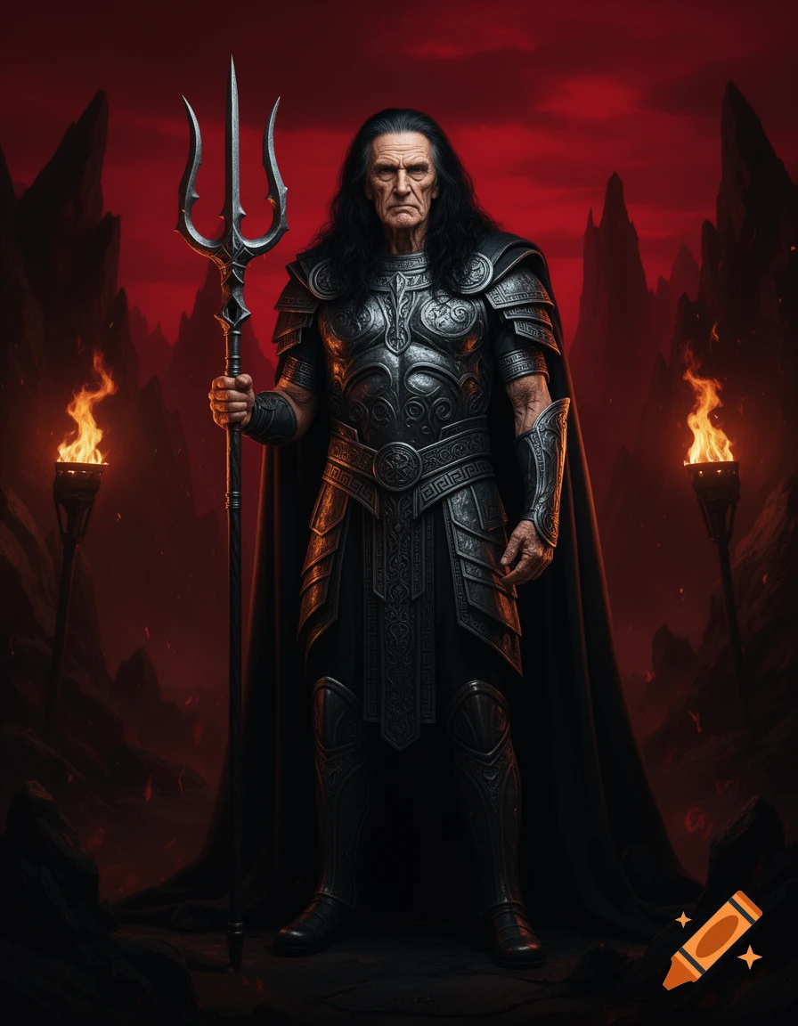 A stern, old man with long black hair, clad in dark intricate armor and ...