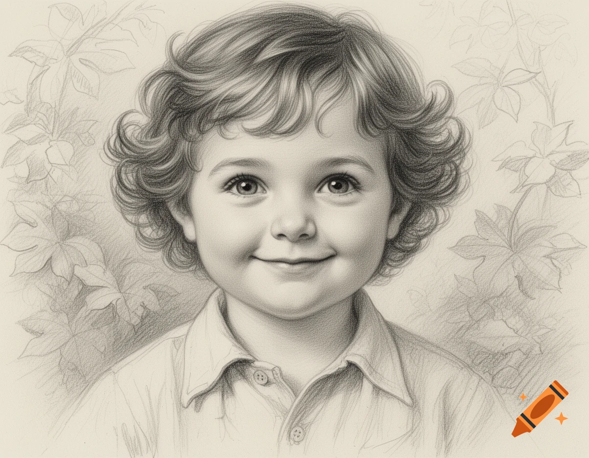 Pencil drawing of a smiling young boy with curly hair, with sketched leaves in the background.