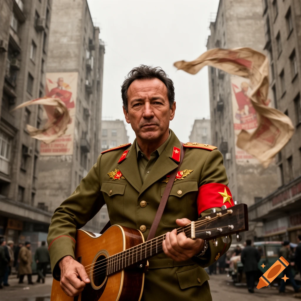 A photorealistic man resembling Bruce Springsteen, in a communist-era military uniform, plays an acoustic guitar on a street with propaganda posters.