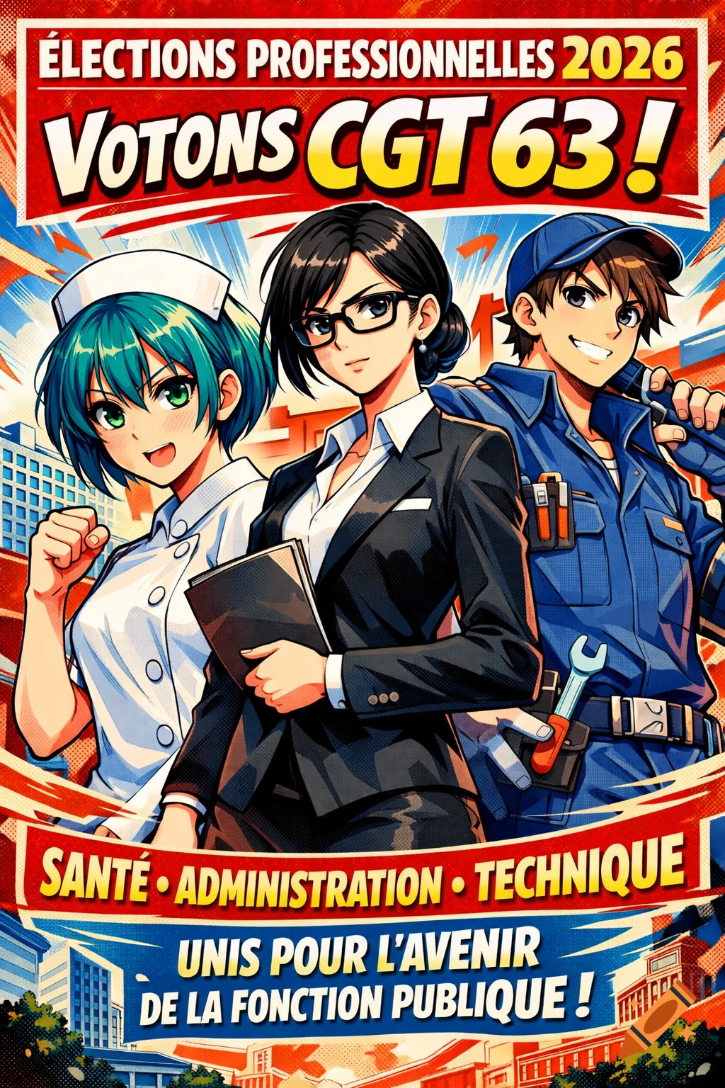 An anime-style French propaganda poster for the 2026 professional elections, featuring a smiling nurse, a businesswoman, and a technician. The text reads 'Votons CGT 63!' and promotes unity in public service.