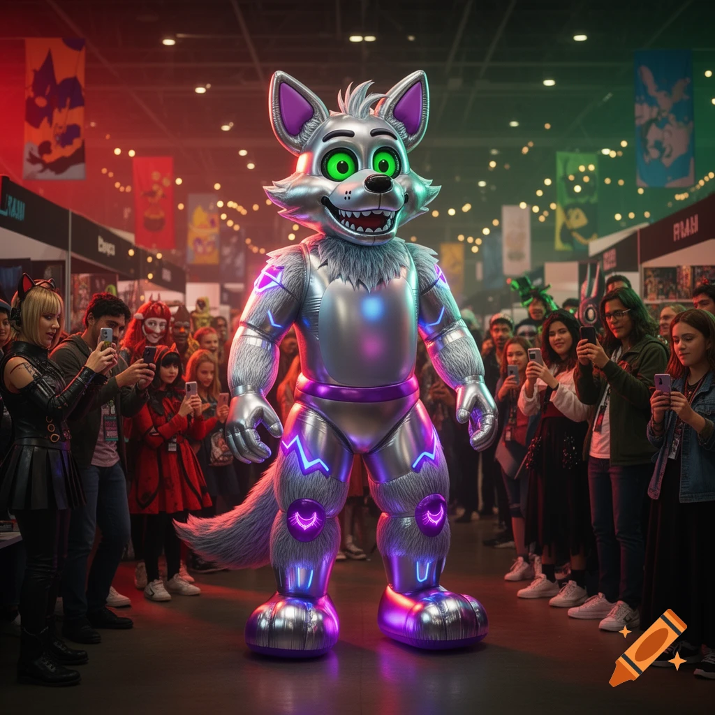 A shiny metallic Roxanne Wolf fursuit with glowing purple accents stands in a crowded convention hall while people take photos.