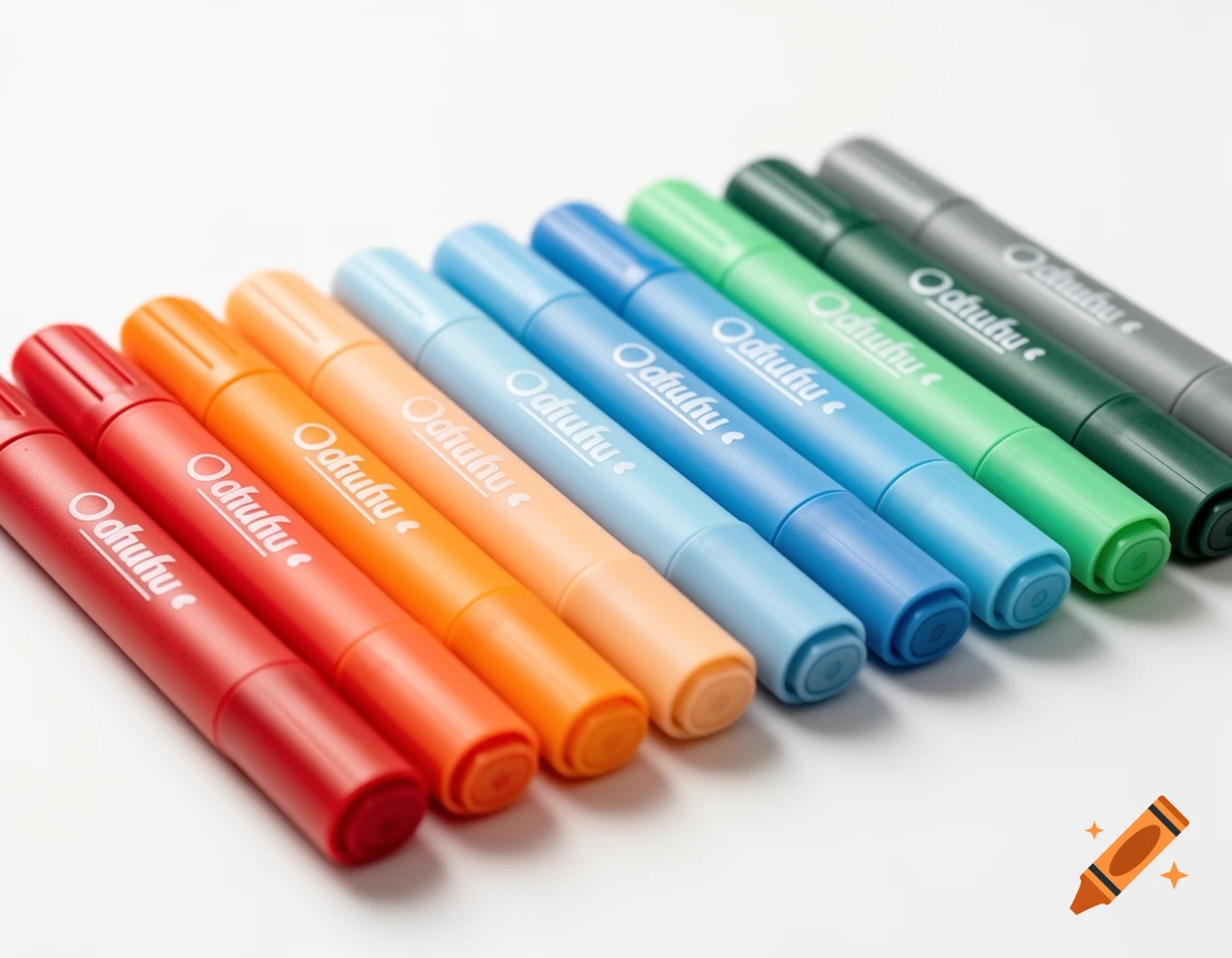 A diagonal row of colorful Ohuhu markers in various shades, including red, orange, blue, green, and gray, on a white surface.