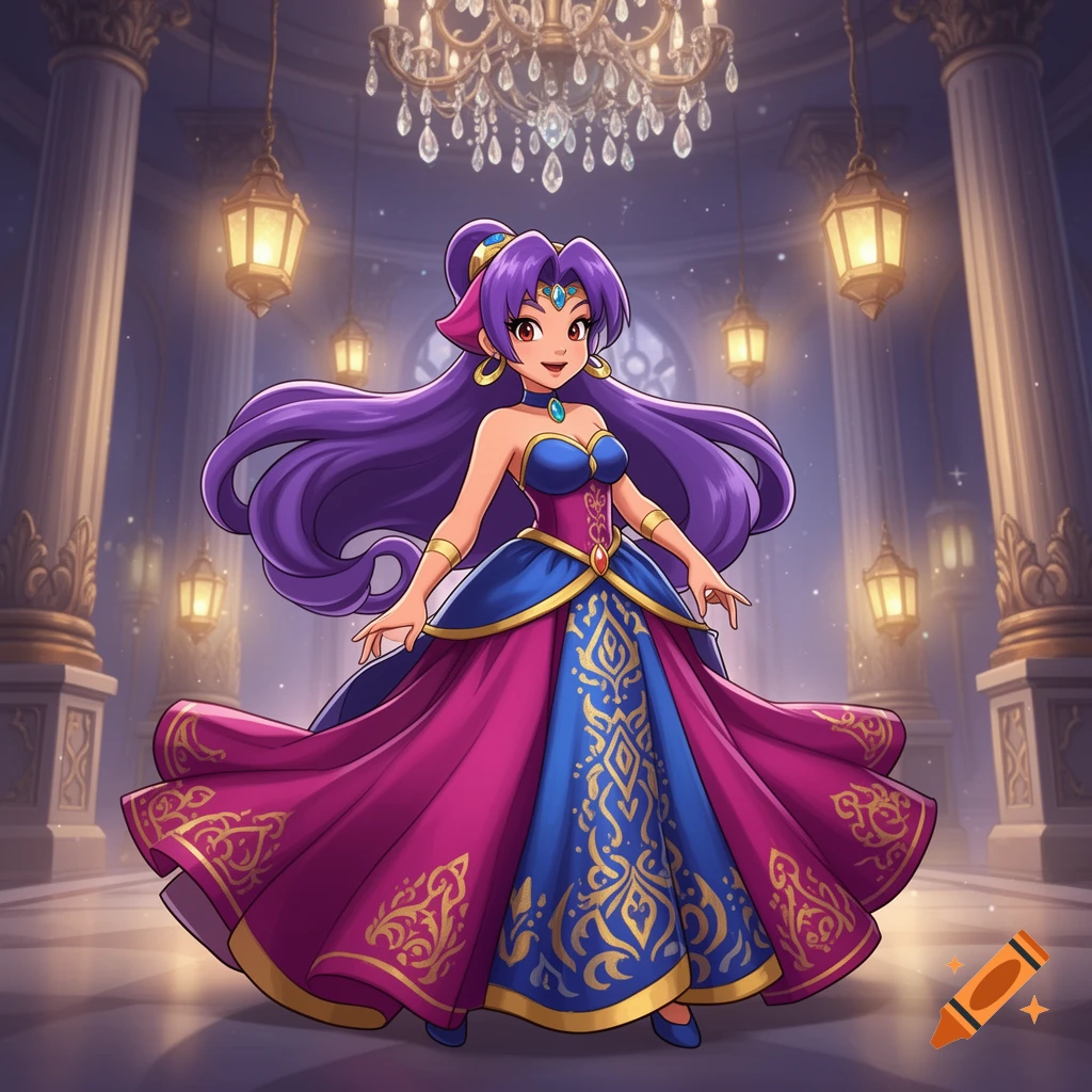 Anime character Shantae with long purple hair, wearing a vibrant pink and blue princess dress with golden patterns, stands in a grand ballroom.