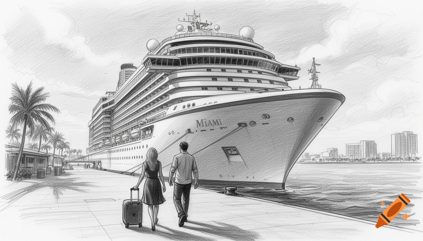 Pencil sketch of a couple with luggage walking towards a large cruise ship in Miami port, with palm trees and a city skyline.