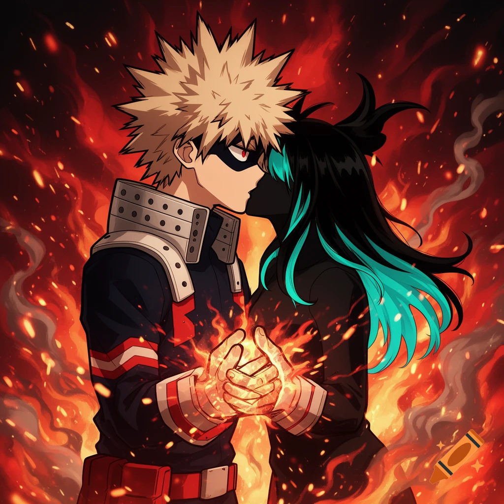 Anime characters Katsuki Bakugo and a black-haired woman with turquoise streaks kiss passionately amidst fire, holding fiery hands.