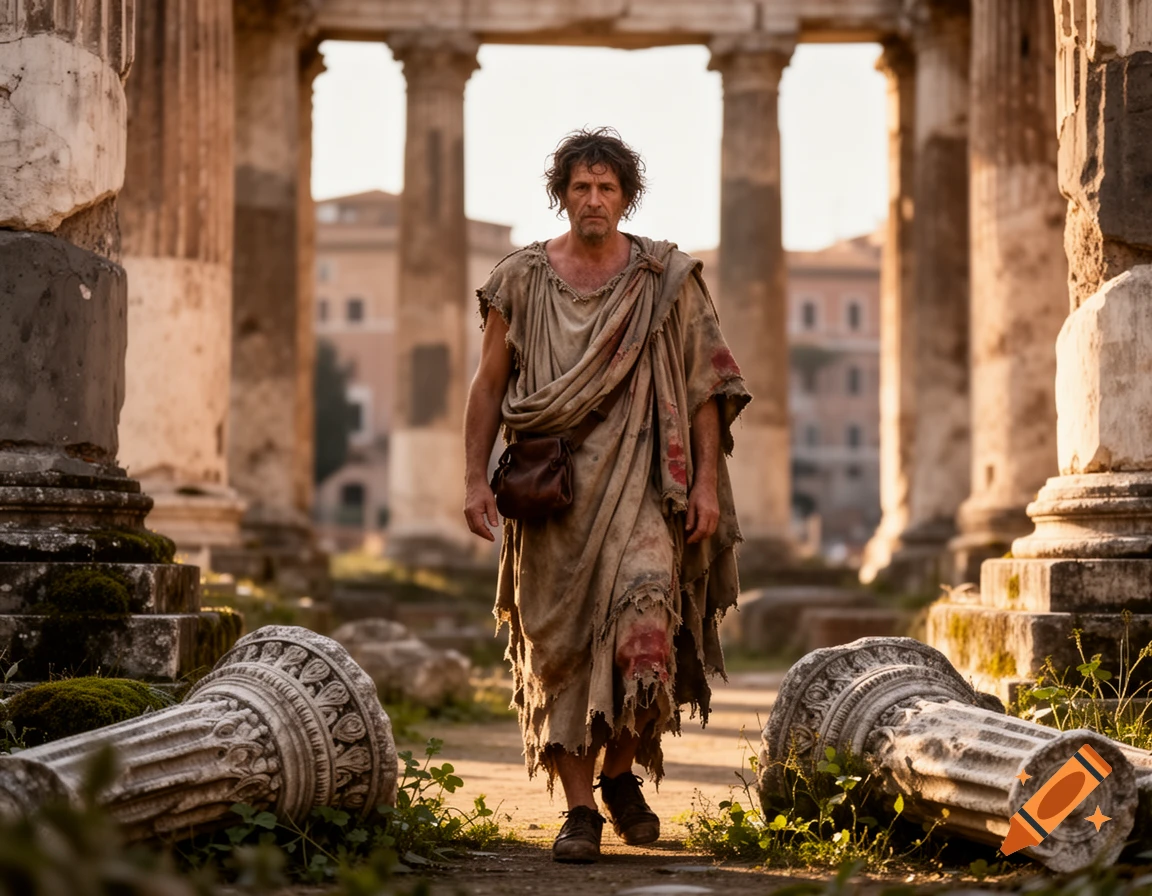 Photorealistic image of a man in ragged clothes walking through ancient Roman ruins with fallen columns.