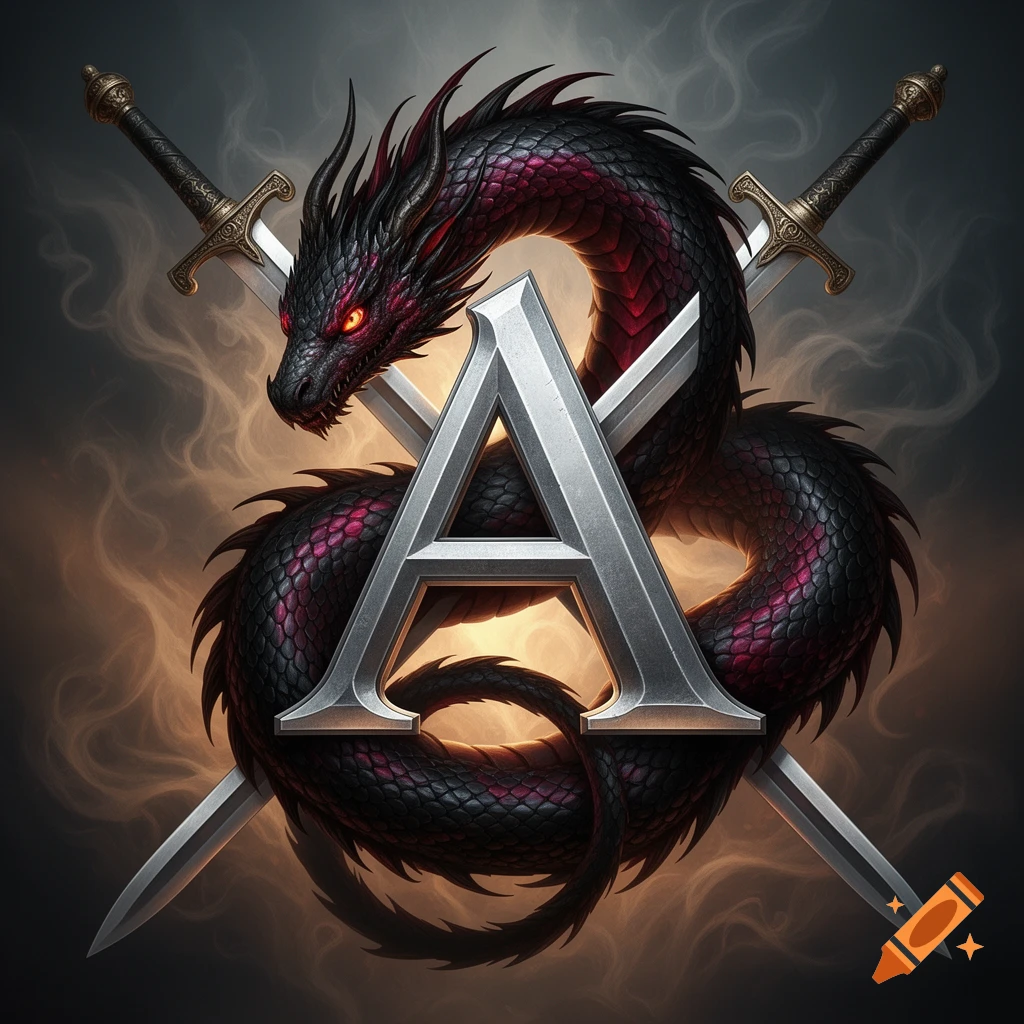 A black and red dragon coiled around a metallic silver letter A, with crossed swords behind it, in a dark fantasy emblem style.