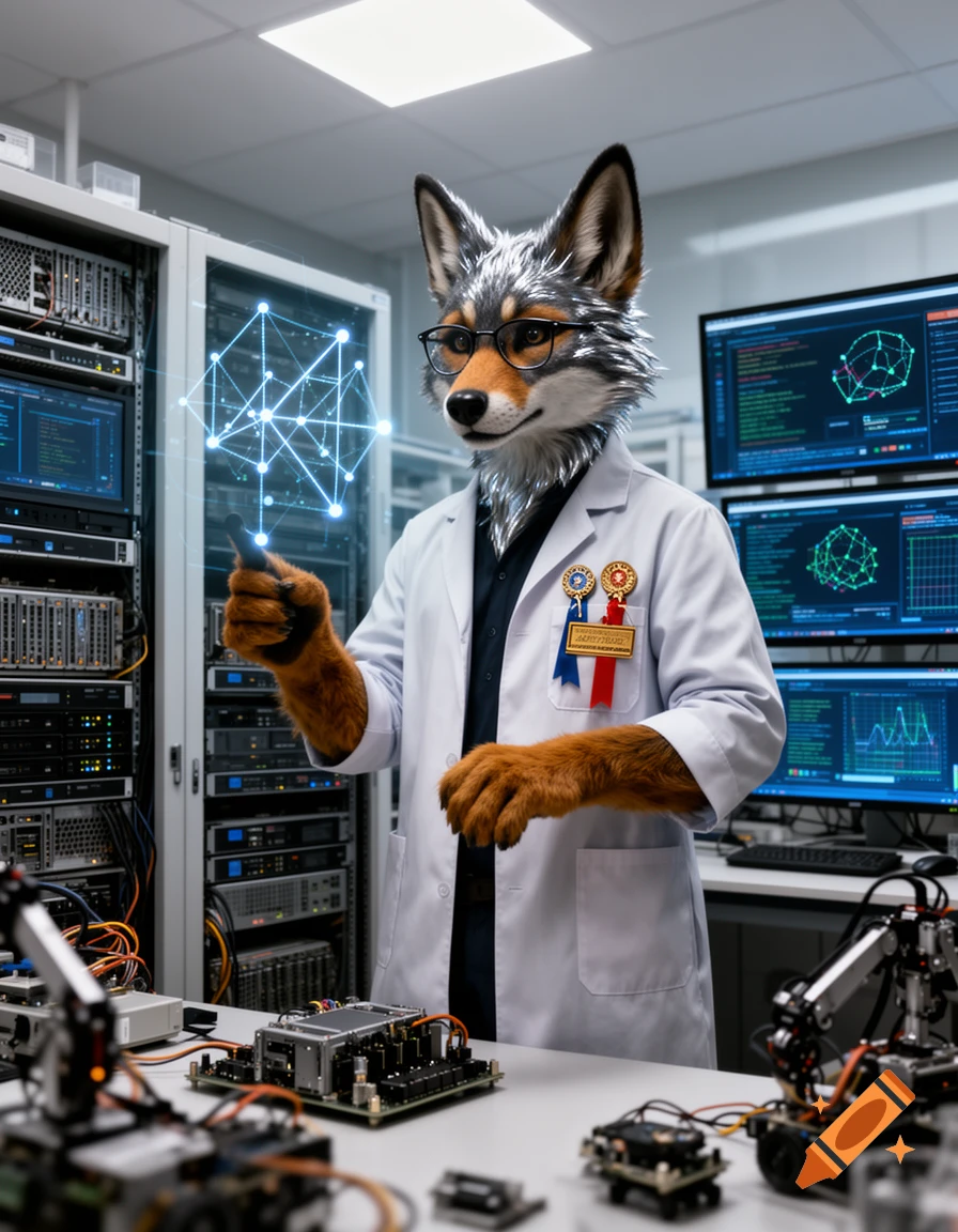 Photorealistic furry scientist, a coyote in a lab coat, interacts with a glowing network in a high-tech server room filled with computers.