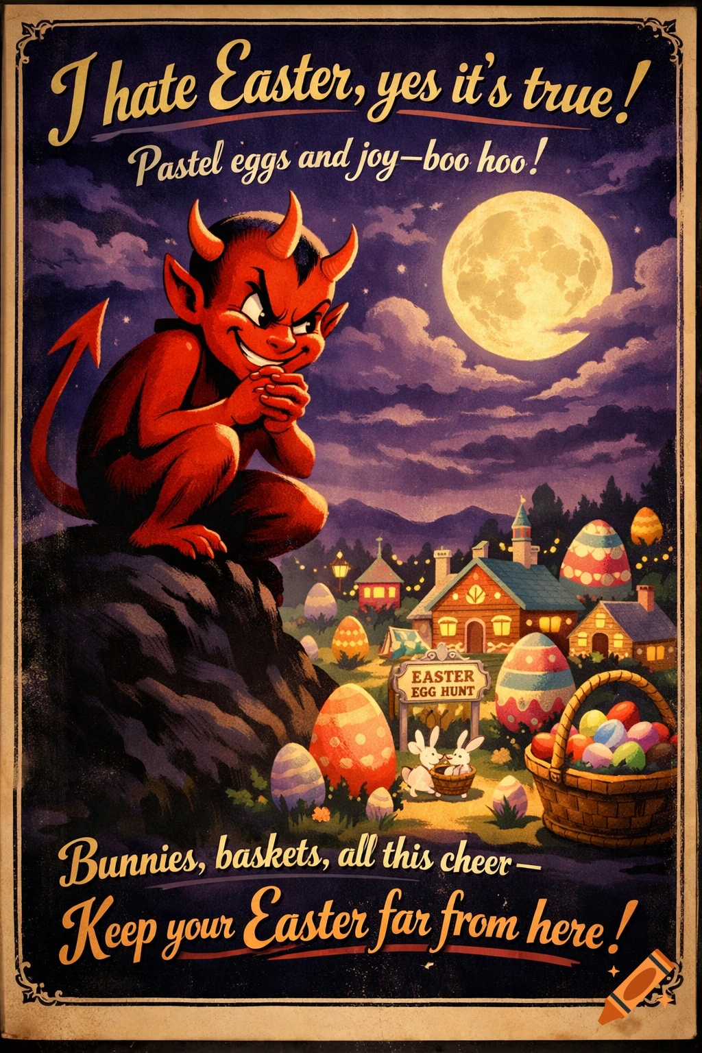 Vintage cartoon poster showing a mischievous red devil perched above a colorful Easter village under a full moon, with anti-Easter text.