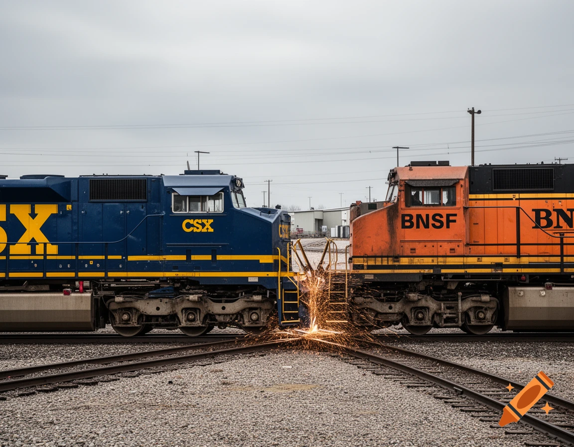 Photorealistic image of a blue CSX freight train and an orange BNSF freight train with sparks flying between them at a track switch.