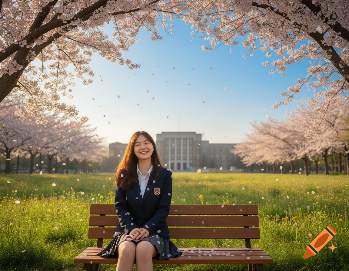 A smiling Korean university student in uniform sits on a bench under blooming cherry trees with falling petals, university in background.