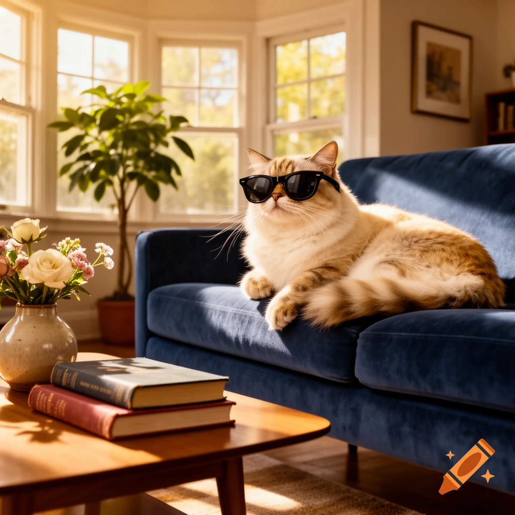 A fluffy cat wearing black sunglasses lies comfortably on a blue velvet couch in a sunlit living room, with books on a coffee table and flowers nearby.
