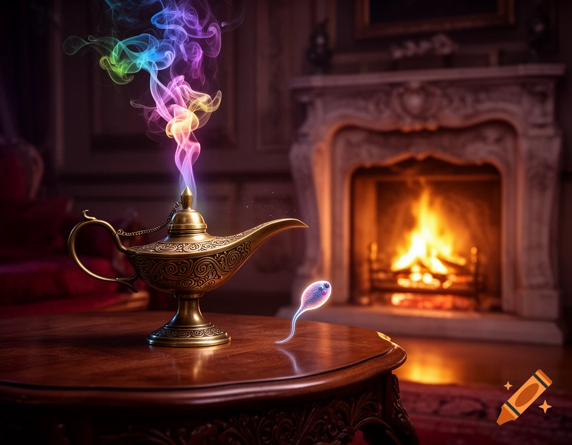 A golden ornate magic lamp emits colorful smoke on a wooden table, with a glowing sperm cell nearby and a cozy fireplace in the background.