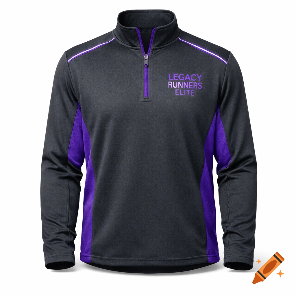 A charcoal grey athletic quarter-zip pullover with vivid purple side panels, zipper lining, and a 'LEGACY RUNNERS ELITE' logo.
