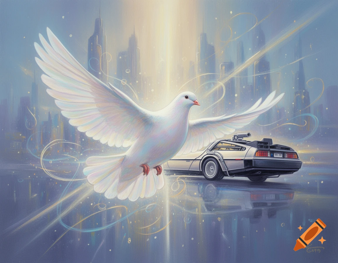 Artistic painting of a white dove flying over a reflective surface, with a DeLorean car and glowing futuristic city in the background.