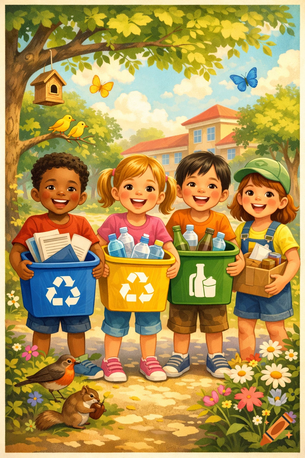 Four diverse smiling children in a park holding recycling bins filled with paper, plastic, and glass, in a bright illustration style.