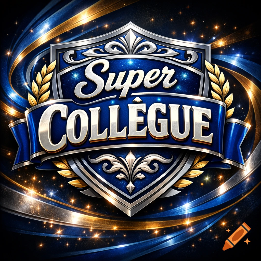 A shiny blue and silver emblem with gold laurel leaves, featuring the text 'Super COLLÈGUE' on a banner, surrounded by golden sparkles and swirling ribbons.