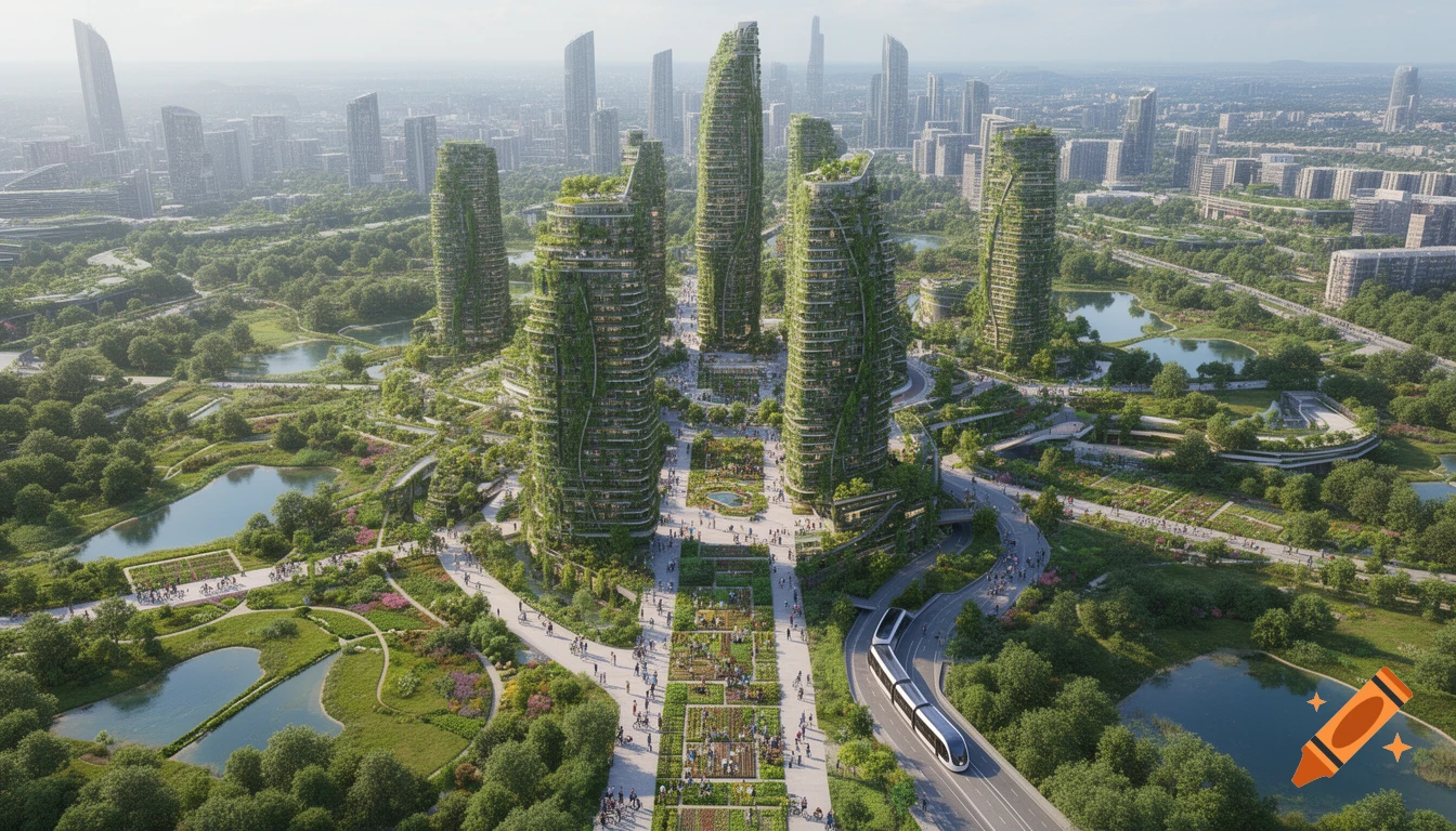 Aerial view of a photorealistic green futuristic city with plant-covered skyscrapers, parks, lakes, pathways, and a modern train.